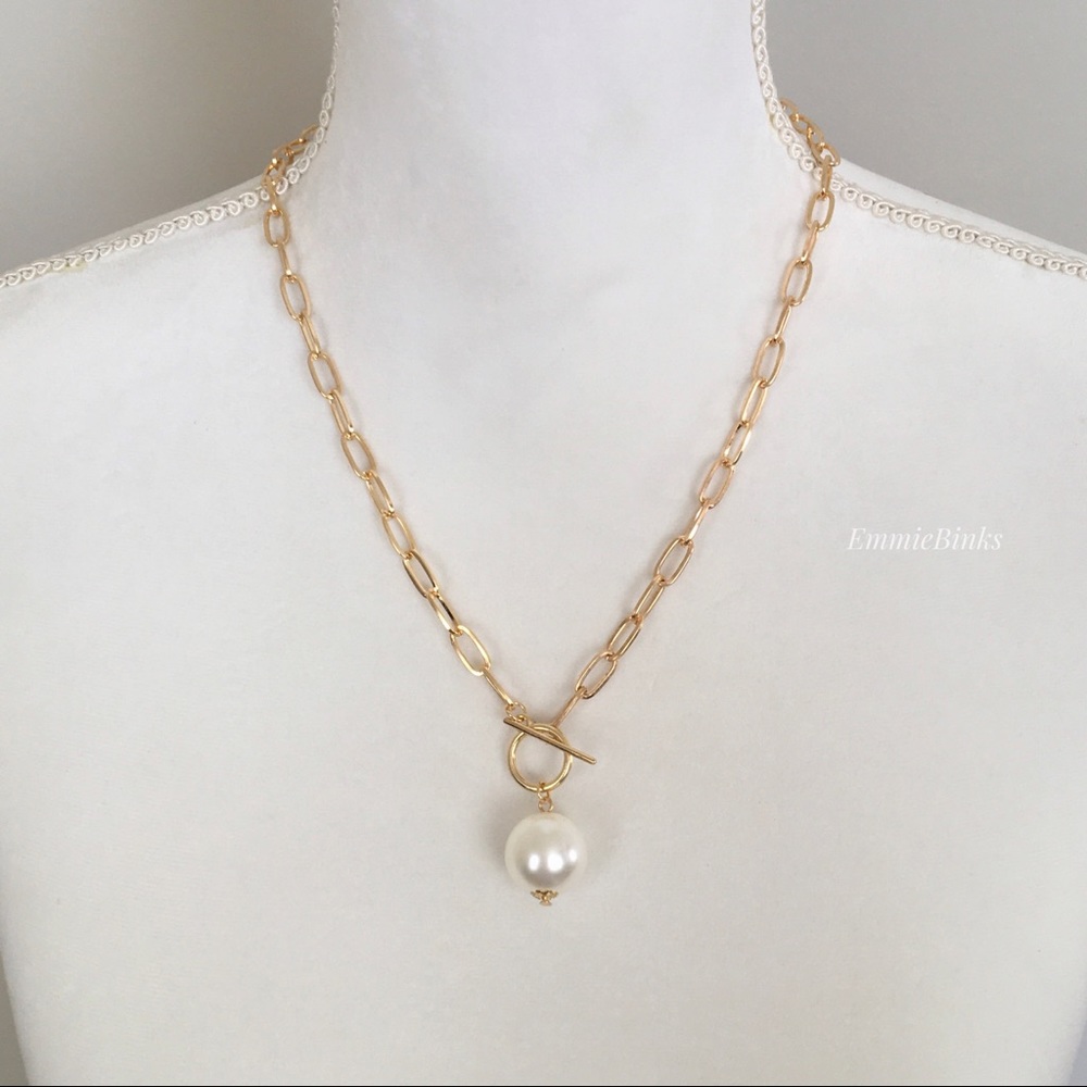 ✨3/$38 New Golden Chain Faux Pearl Toggle Clasp Front Closure Necklace T Bar - Picture 7 of 16